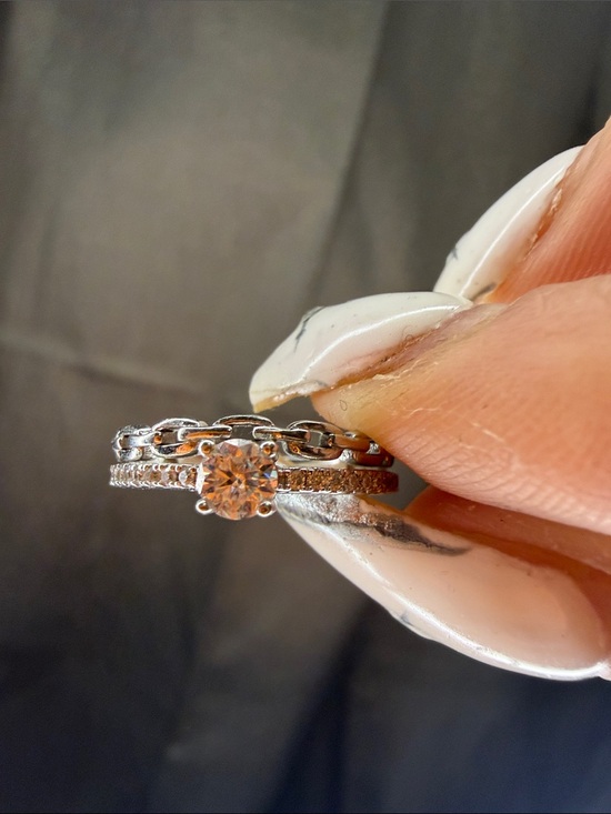 Moissanite Jewelry - Delicate Silver Solitaire Ring with Chain and Pavé Accents - Silver White